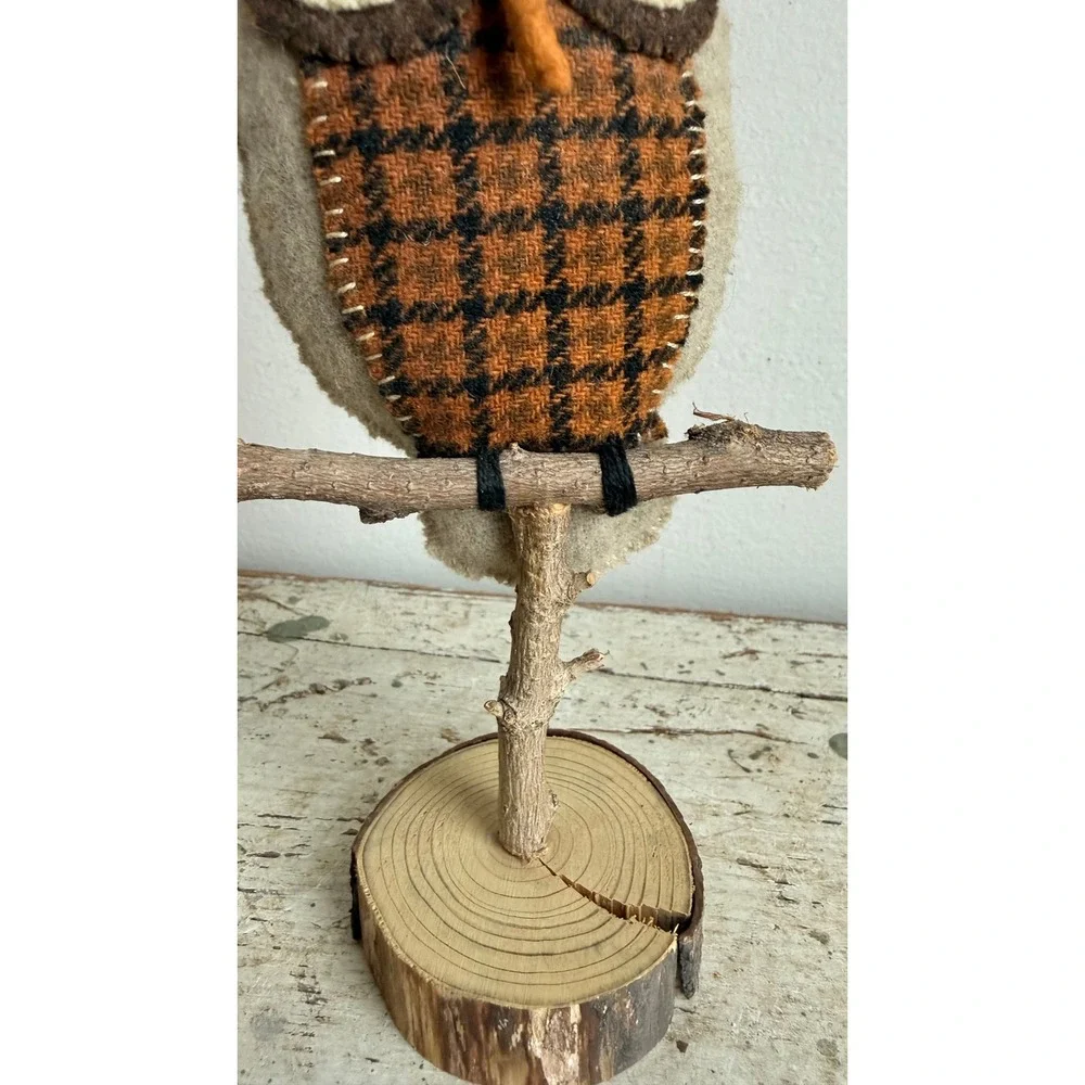Rustic Handcrafted Plaid Owl Figurine Natural Wood Branch Base Folk Art 8.5in